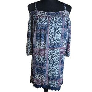 Sweet Boho Smocked Dress in Blue and White and Pink Floral with Lace Trim Sz M